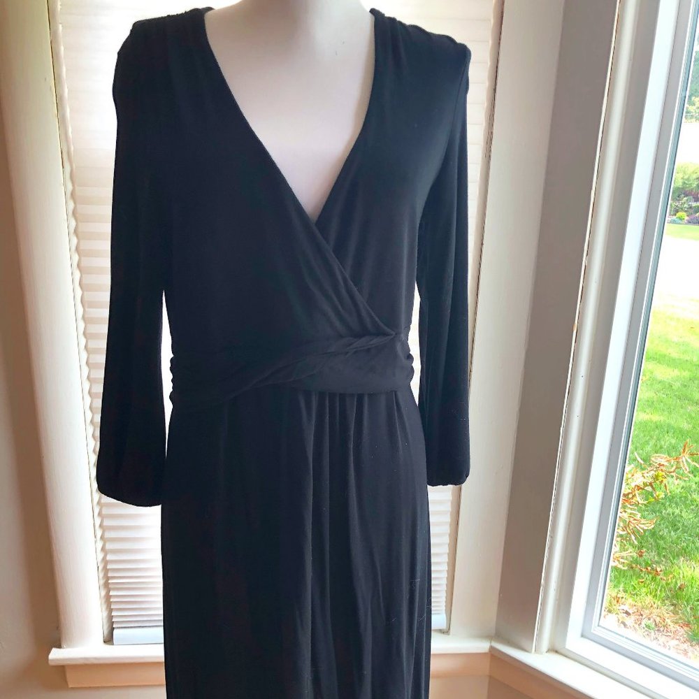 Long Sleeve Faux Wrap Front Black Dress by Boden in US size 12
